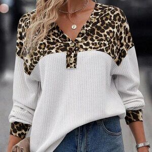 Waffle-Knit Leopard V-Neck Long Sleeve Blouse